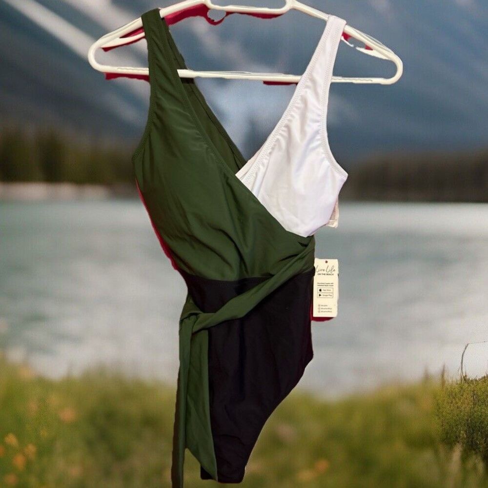 #8529 WOMENS GREEN CROSSBODY HIGH RISE BATHING SUIT SIZE XS